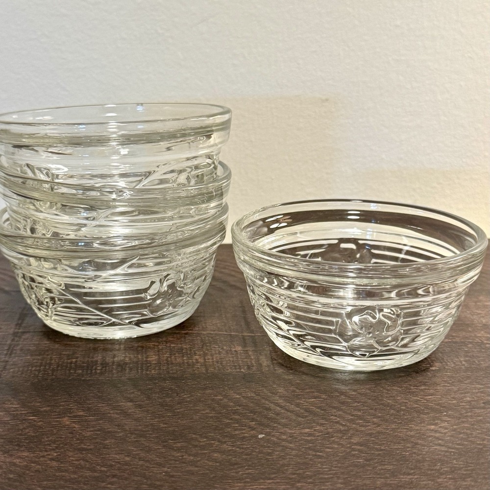 Vintage Anchor Hocking Avalon Clear Floral Glass Dessert Bowls Set of 4